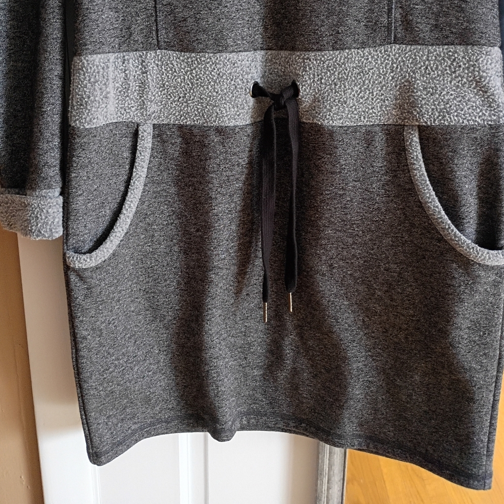 Freedom Trail Gray Fleece Hooded Sweater Dress Cowl Neck Pockets P/S Knee Length - Picture 5 of 11